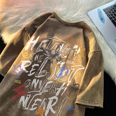 2025新款字母清新高街潮大码青少年水洗短袖XZ517A-3-AQ002T-P38，男装T恤，星座517A-3