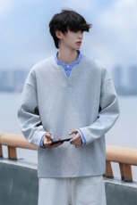 Y503-P45港风假两件小立领卫衣男落肩打底衫潮流百搭上衣外，男装T恤，星座1204