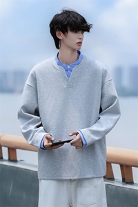 Y503-P45港风假两件小立领卫衣男落肩打底衫潮流百搭上衣外图片