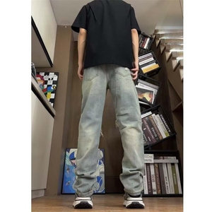 高街复古vibe风宽松破洞乞丐裤裂纹宽松直筒牛仔裤男潮RK3106-P45图片