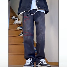 牛仔裤男春秋季潮牌高街复古休闲直筒裤设计感阔腿长裤N9902-P47，男装牛仔裤，星座208-5