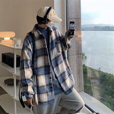22春秋格子衬衫潮牌ins宽松毛呢料衬衣帅气外套DX159P6588，男装衬衫，电商B413-1