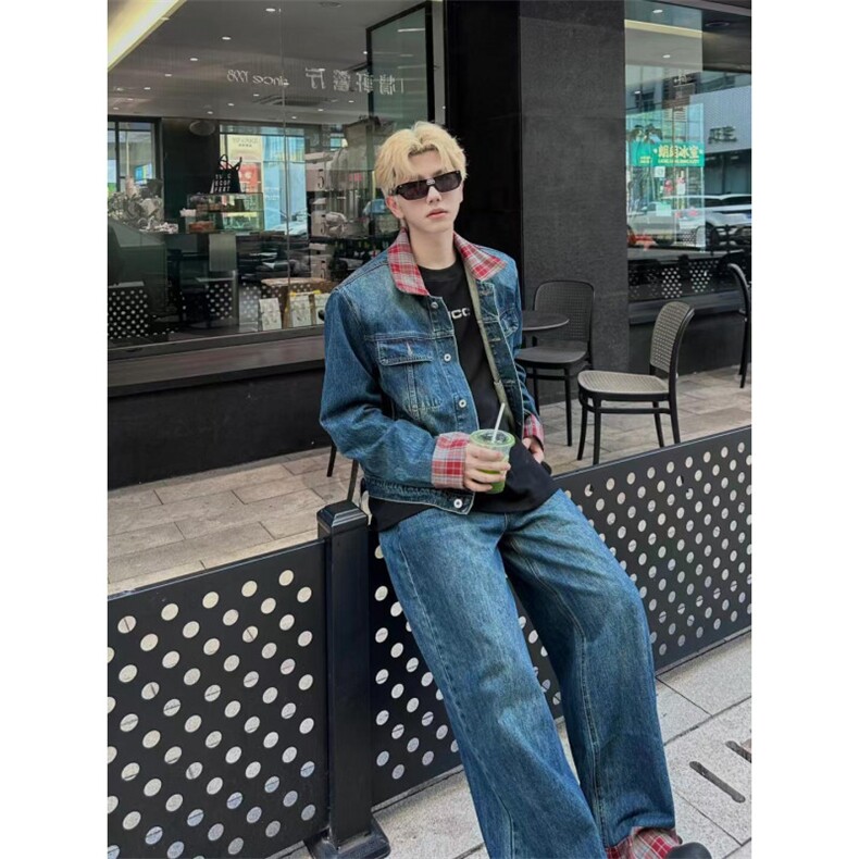 【有货】格子拼接牛仔外套男女设计感美式短款夹克J63HH-特P75,男装夹克,星座1007（原301D）