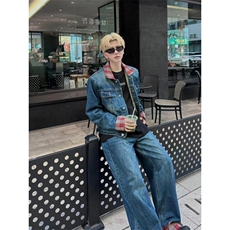 【有货】格子拼接牛仔外套男女设计感美式短款夹克J63HH-特P75，男装夹克，星座1007（原301D）