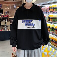 复古春季Polo衫长袖卫衣美式男潮ins字母拼接港风上衣 W2597-P32图片
