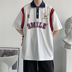 港风纯棉夏季休闲polo衫拼色印花短袖T恤男女PL6150P45控58，男装T恤，电商A268A