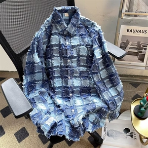 格子流苏衬衫男外套美式潮牌宽松高级感休闲痞帅潮流翻领长袖衬衣,男生穿搭厚重图片