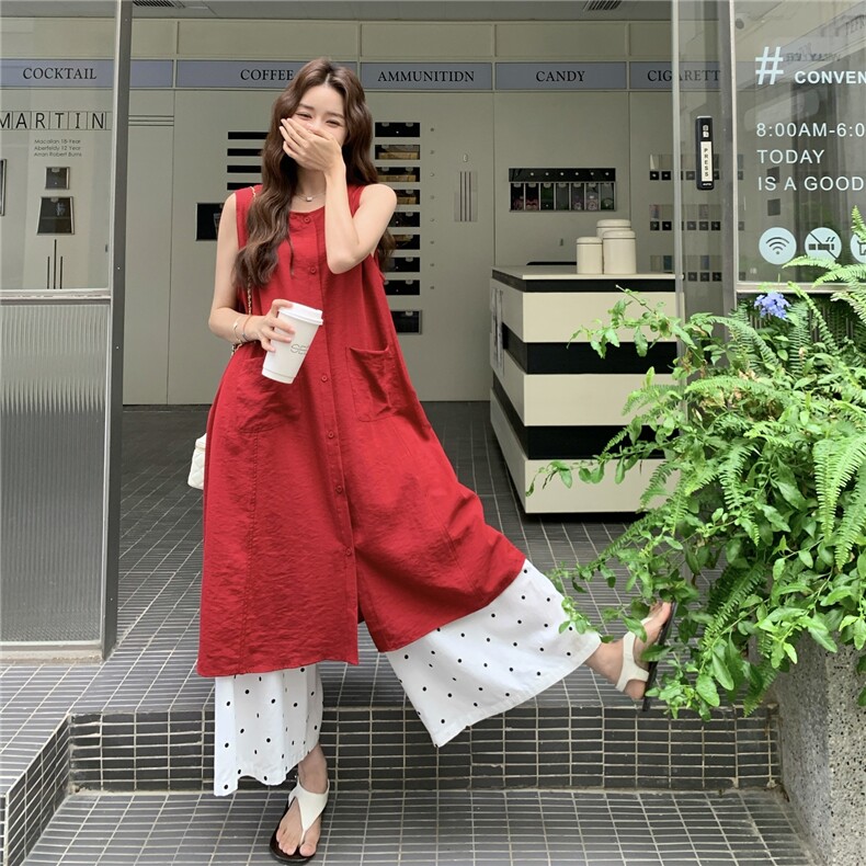 红色无袖衬衫叠穿连衣裙女夏波点阔腿裤两件套装裙巨好看超火爆款图片