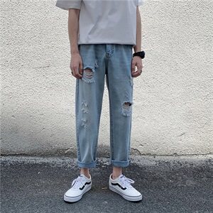 夏季薄款破洞牛仔裤男直筒宽松潮牌乞丐裤男女裤子浅色NB160图片