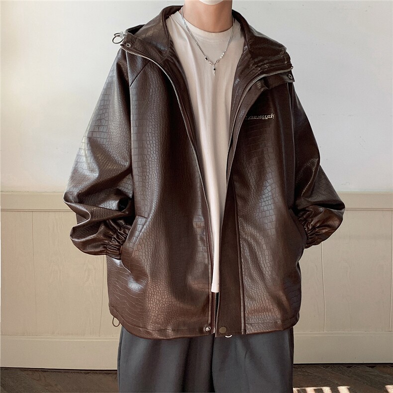 港风连帽鳄鱼纹PU皮衣大码情侣休闲冲锋衣夹克男JK8744P90控128,男装夹克,星座227-7