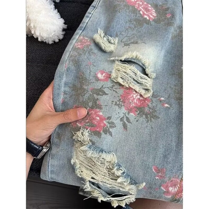 新款流行ins潮流无品牌百搭文艺牡丹提花满印破洞牛仔裤男款夏季,男装牛仔裤,星座613