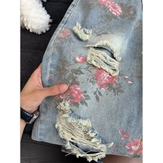 新款流行ins潮流无品牌百搭文艺牡丹提花满印破洞牛仔裤男款夏季，男装牛仔裤，星座613