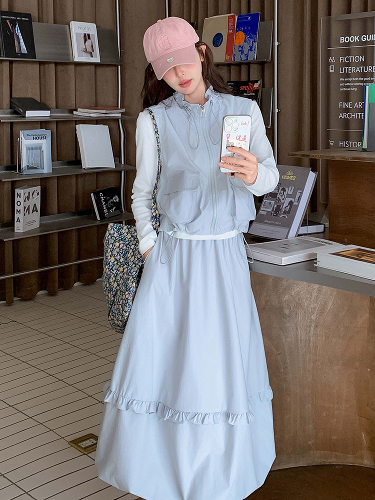 蓝色韩系学院风套装裙女春季2025新款减龄打底衣马甲半身裙三件套,女装套装/套裙,诺蝶