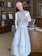 蓝色韩系学院风套装裙女春季2025新款减龄打底衣马甲半身裙三件套，女装套装/套裙，诺蝶