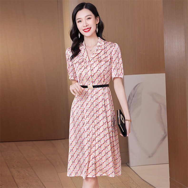 2026新款夏连衣裙真丝a字气质印花收腰短袖裙气质23002，女装连衣裙，阿舍尔精品