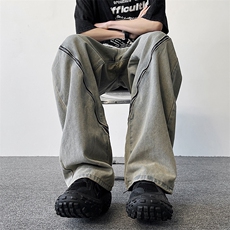 217-2-K1591-P55美式高街黄泥染牛仔裤男春季宽松直筒阔腿休闲裤，男装牛仔裤，星座217-2