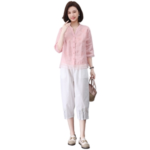 妈妈棉麻时尚减龄夏宽松微胖中老年小个子显高端贵夫人图片