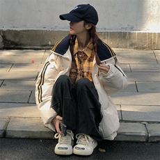 8003#双线格面料撞色条纹拼接棉服女徽章复古外套男女同款，女装棉衣/棉服，星座1210-1