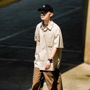 日系夏季cityboy半袖衬衫男高街拼接设计感工装短袖衬衣W3161-P28图片