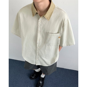 美式复古开衫POLO款短袖上衣外套夏季宽松工装短袖男女情侣款衬衫