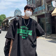鹿皮绒短袖男款潮牌潮流美式复古t恤重磅夏季男生半袖衣服青少年，男装T恤，星座1210-1