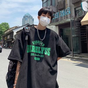 鹿皮绒短袖男款潮牌潮流美式复古t恤重磅夏季男生半袖衣服青少年图片