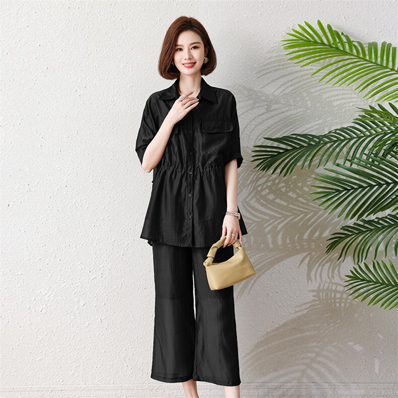 短裤套装女夏装2025休闲天丝薄款清凉短袖收腰时尚休闲显瘦两件套,女装套装/套裙,深水步