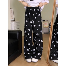 白色可爱狗爪休闲裤女2025新款小个子夏季薄款宽松直筒高腰阔腿裤，男装休闲裤，星座506A