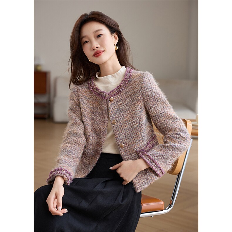 小香风加棉加厚内胆毛呢短外套女2024秋冬圆领毛边设计感气质上衣，女装毛呢外套，婵米儿