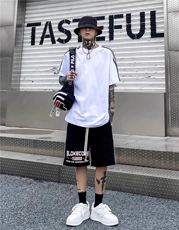 抖音得物高品质二开240克宽松纯棉美式潮牌三条杠织带短袖T恤，男装T恤，电商A486-1