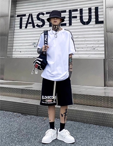 抖音得物高品质二开240克宽松纯棉美式潮牌三条杠织带短袖T恤图片