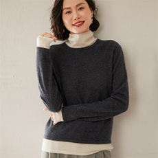 baby小山羊绒衫女堆堆领针织假两件上衣拼色套头毛衣打底衫，女装羊绒衫，尚达羊绒