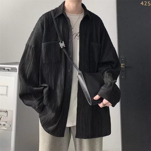 C32-P35 褶皱长袖衬衫男夏秋设计感小众港风外套ins潮流潮牌图片