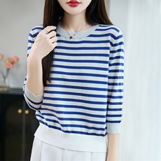 100%纯棉针织七分袖T恤女圆领条纹拼色中袖宽松棉麻短袖打底上衣，女装针织衫/毛衣，长今羊