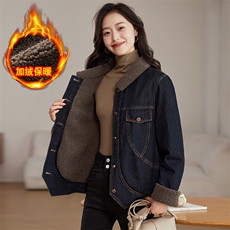 加绒牛仔外套女小个子秋冬2024新款羊羔绒派克服加厚保暖夹克上衣，女装牛仔外套，文熹诺