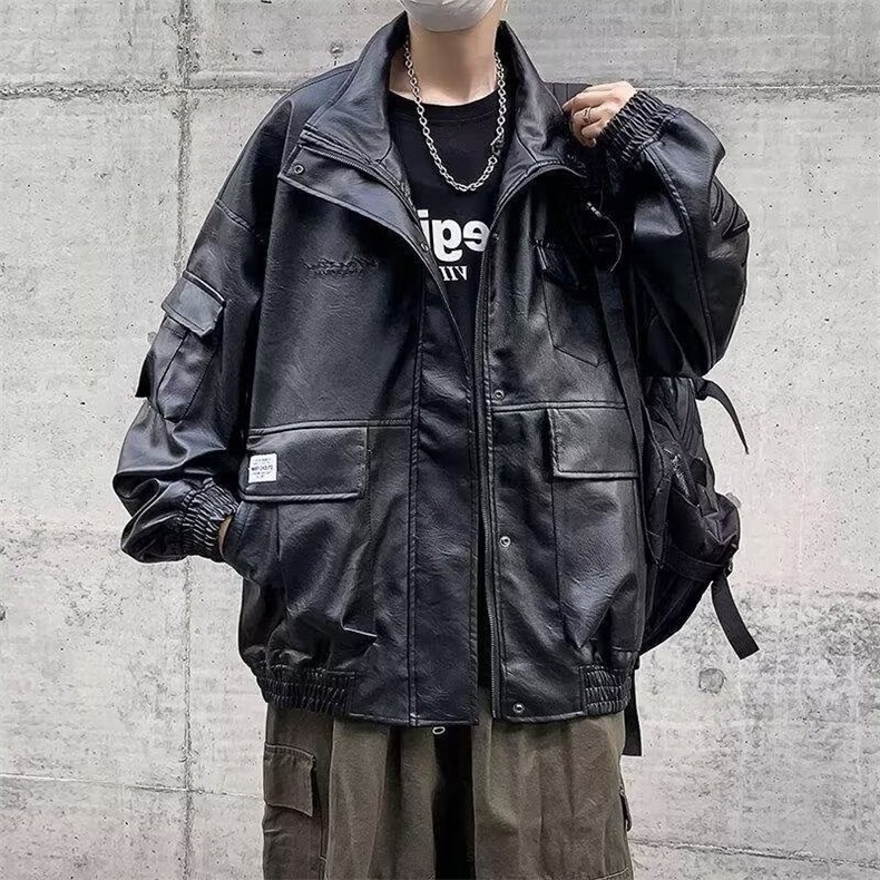 街头百搭质感黑色机车皮衣男士春秋季防风短款廓形外套HH020P80,男装皮衣,星座1013-5