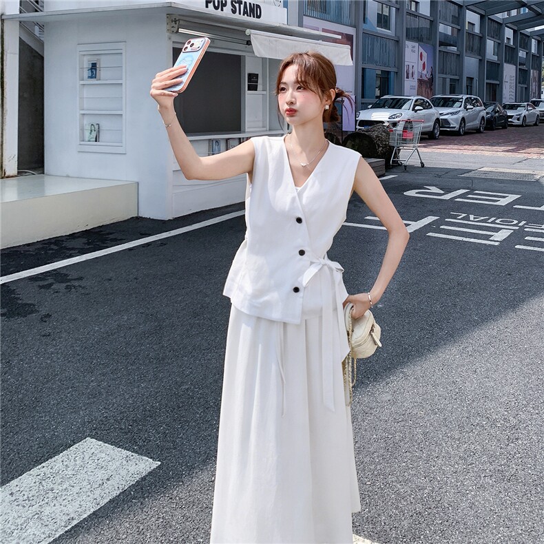 高转化26年夏装新款天丝麻系带马甲+裙子两件套182-8703P175K258,女装套装/套裙,帛香坊