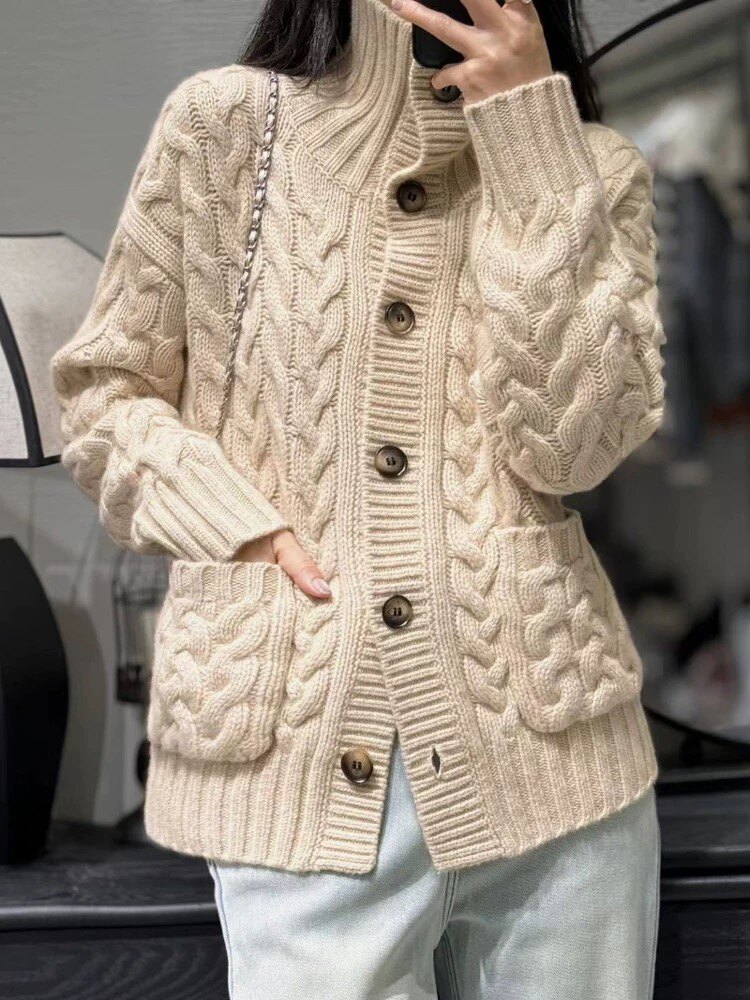 2025年秋季套头重磅三五七针三股加厚扭花开衫，女装羊毛衫，冀清阳荣