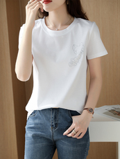 烫画小熊工艺高端丝光棉短袖圆领冰感上衣女显瘦休闲百搭基础款潮，女装T恤，元素羊绒