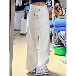加绒加厚白色垂感阔腿牛仔裤女秋冬季新款高腰显瘦直筒拖地长裤图片