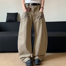 美式复古刺绣字母牛仔弯刀裤女2025夏装新款高个子工装阔腿长裤潮，男装工装外套，星座813-2