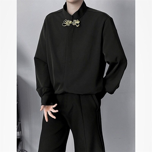 F698P32新中式男生订婚衣服秋冬平时可穿衬衫男款穿搭长袖金扣图片