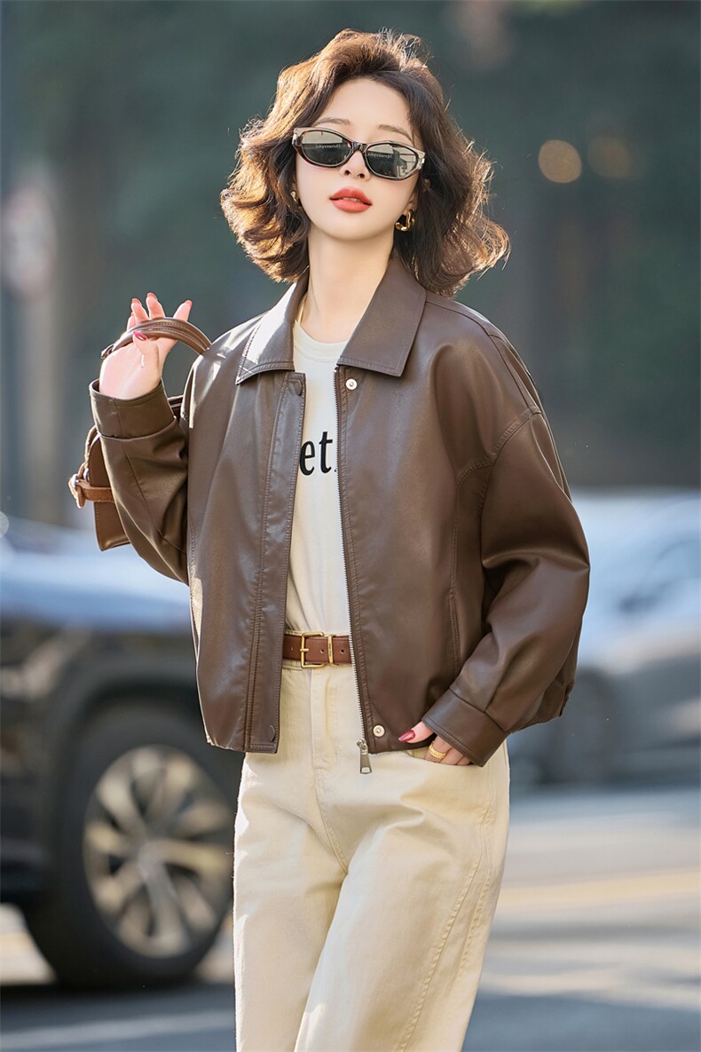 翻领短款皮衣外套女2025春秋新款宽松机车服休闲复古PU皮夹克上衣,女装皮衣,英标秀（1C119）
