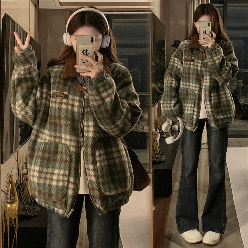 潮牌复古格纹撞色拼接翻领女秋冬新款宽松休闲百搭棉服C540-110,男装棉衣,星座911-2(原星座613-2）