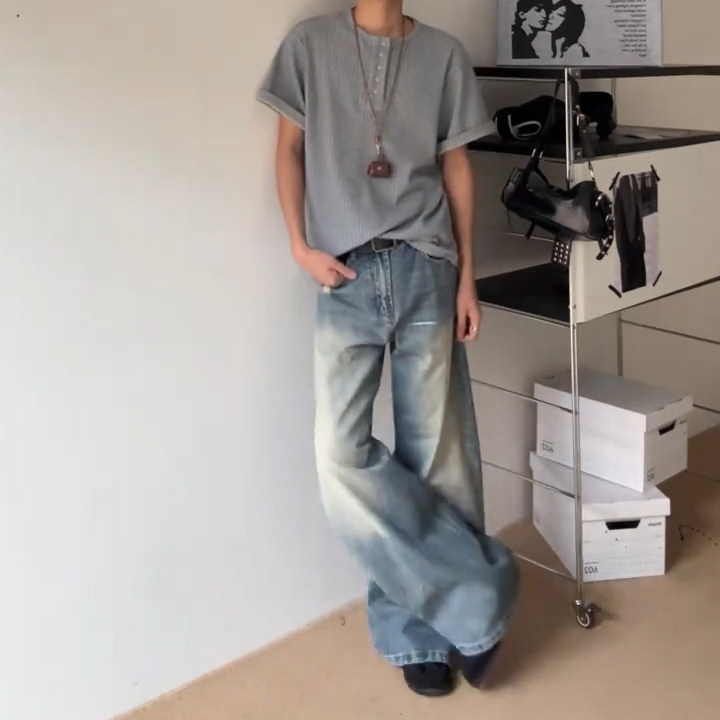 水洗复古弯刀牛仔裤宽松长裤A102-P53,男装牛仔裤,电商D312