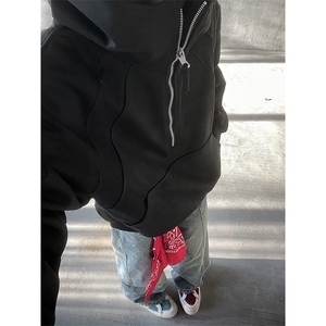 抖音得物二开 美式重磅宽松结构拉链设计防风高领连帽卫衣外套W76图片