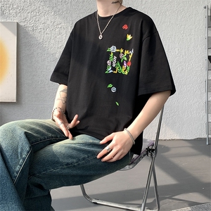 潮牌短袖T恤花绘刺绣设计感T恤美式复古条纹口袋短袖T恤半袖 P48图片