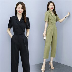 2022夏季新款简约气质西装翻领腰部双排扣装饰休闲连体裤,女装连体裤,艾尚靓装