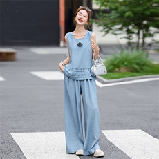 小香风套装女2025夏季新款超火减龄松弛感休闲波点无袖阔腿裤穿搭，女装套装/套裙，奕薇雅