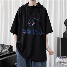 LD54183-P45连帽短袖t恤男大码胖子带帽五分袖中袖，男装T恤，电商A040